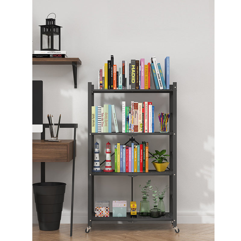 2X 4 Tier Carbon Steel Foldable Shelf Unit Black Locking Wheels