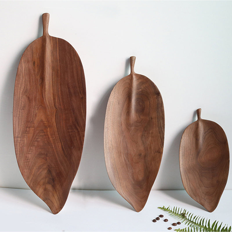 Set of 2 Acacia Wood Leaf Shape Serving Trays Small 25cm Medium 38cm Walnut