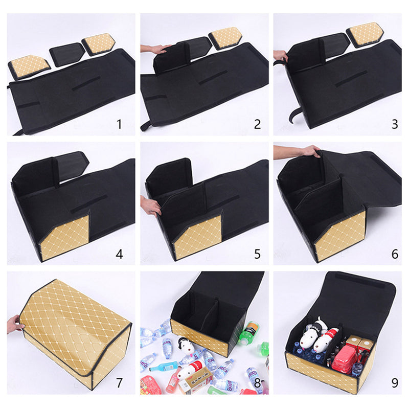 Leather Car Boot Organizer Box Medium Collapsible Foldable Beige Gold Stitch