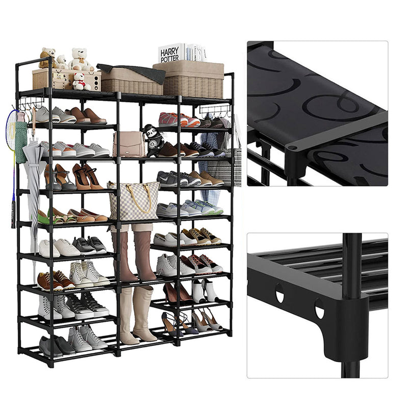 2X 21 Shelf Shoe Rack Plastic Coated Iron Pipe 128x30x155cm Black With Handle