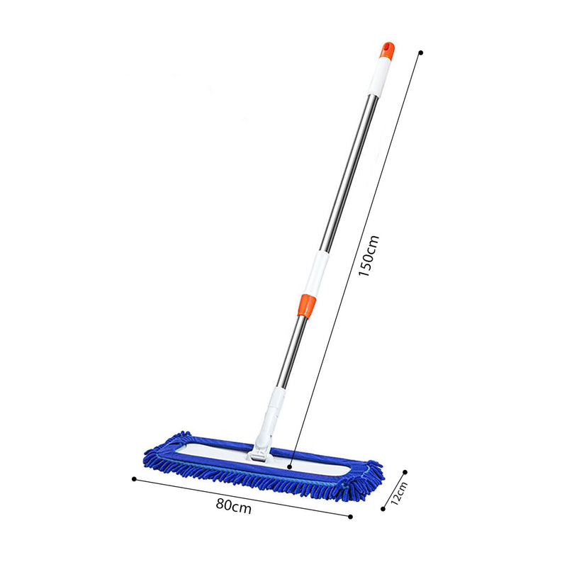 Flat Mop Microfiber Pads 80x12cm 150cm Handle Stainless Steel Blue 6 Pieces