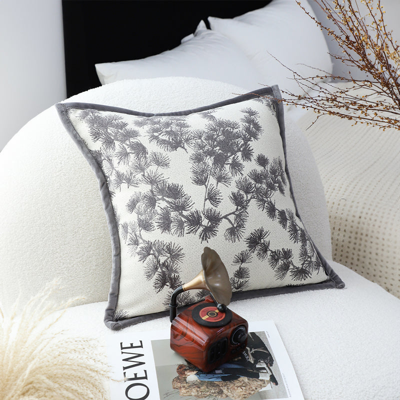 Off White Polyester Throw Pillow 45cm Square Wide Border Branch Pine Needle