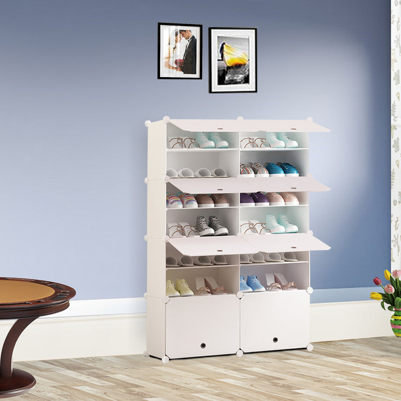 7 Tier 2 Column White Polypropylene Shoe Rack Organizer With Cover 85x32x126cm