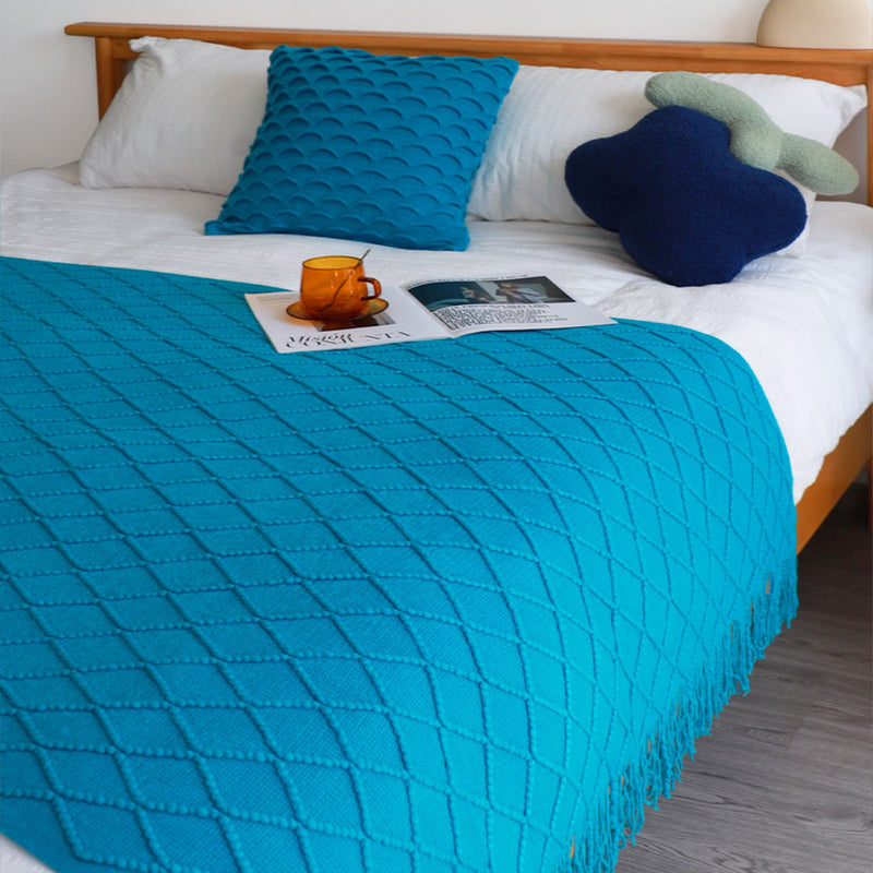 Blue Knitted Throw Blanket 100 Percent Acrylic Diamond Pattern Tassels Home Decor