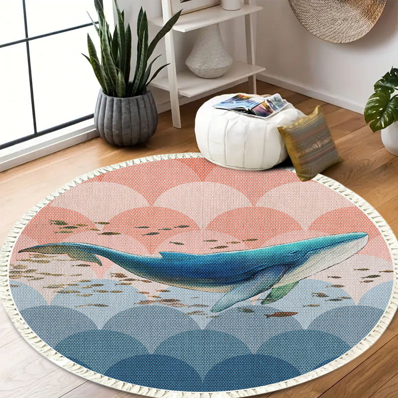 120cm Round Polyester Area Rug Shark Print Tassels Multicolor Non Slip Backing