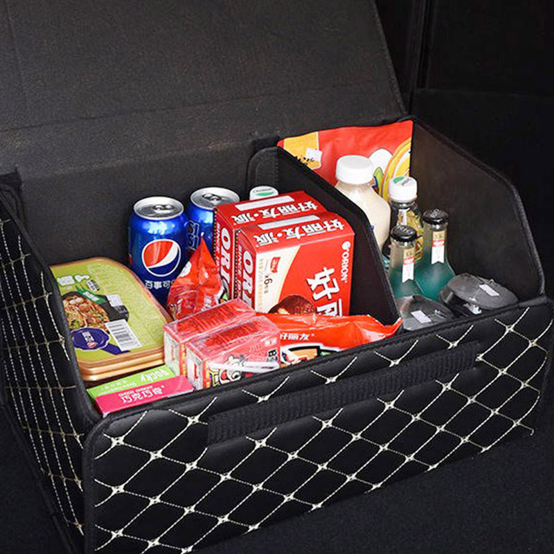 2X Leather Car Boot Organizer Medium Collapsible Foldable Black Gold Stitch