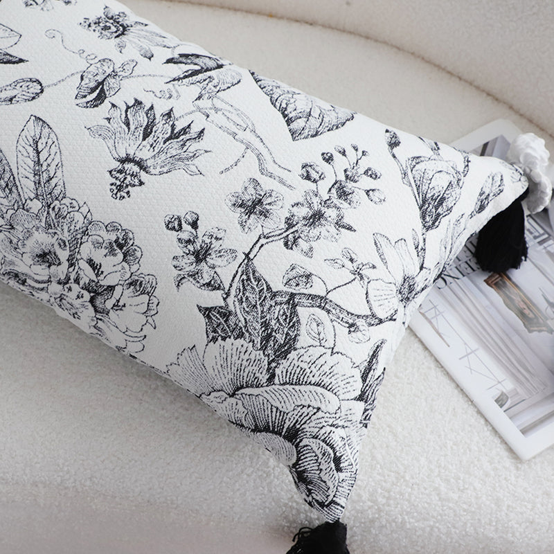2X 35cm Throw Pillow Black White Floral Print Tassel Accents Polyester Home Decor