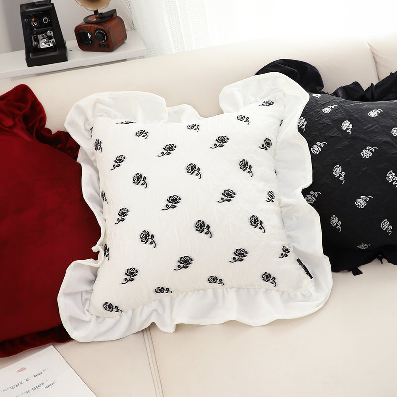 45CM White Ruffled Square Decorative Throw Pillow Elegant Cozy Home Cushion