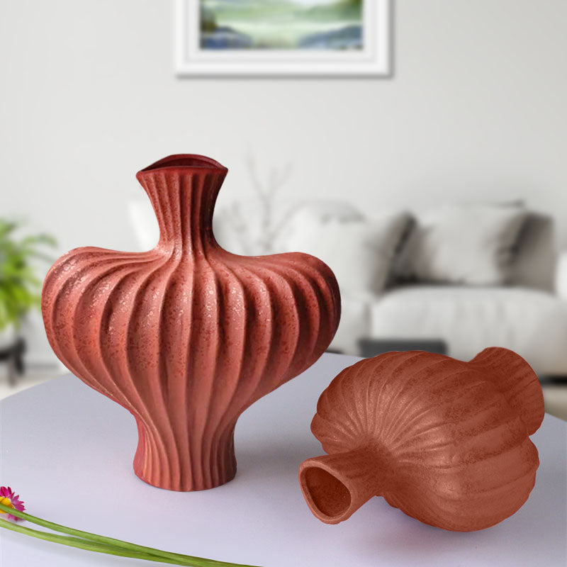 2X Handmade Small Ceramic Ornament Vases 25X24cm Matte Red Countertop Decor