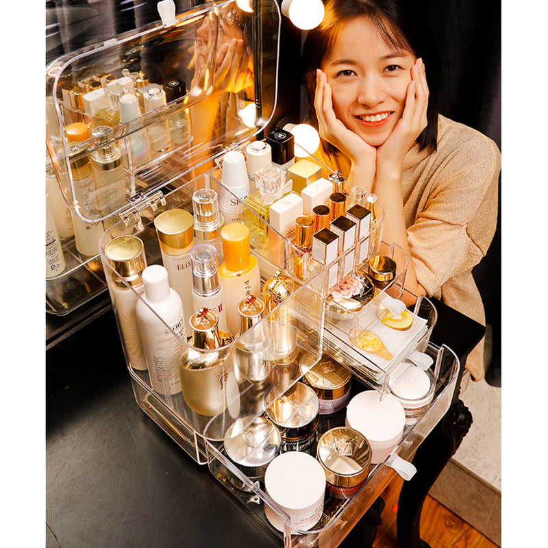 2X Transparent Plastic Makeup Storage Box Drawer With Lid 32.5x21x34cm