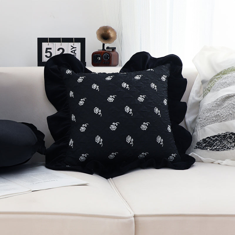 2X 45cm Black Ruffled Square Decorative Pillow Polyester for Sofa Bed Chair