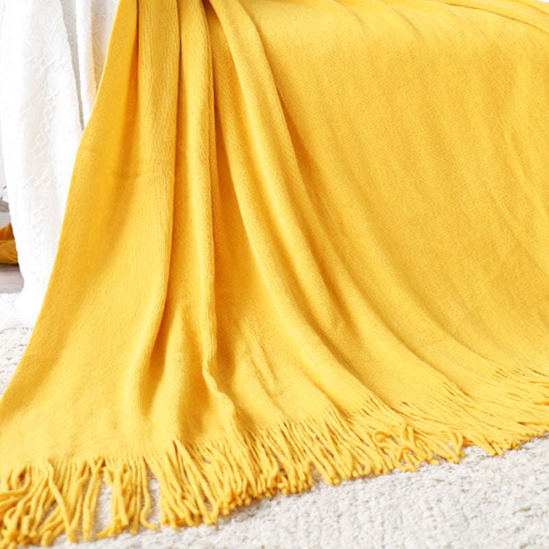 2X Yellow Acrylic Knitted Throw Blanket 130x220cm Fringed Cozy Decor