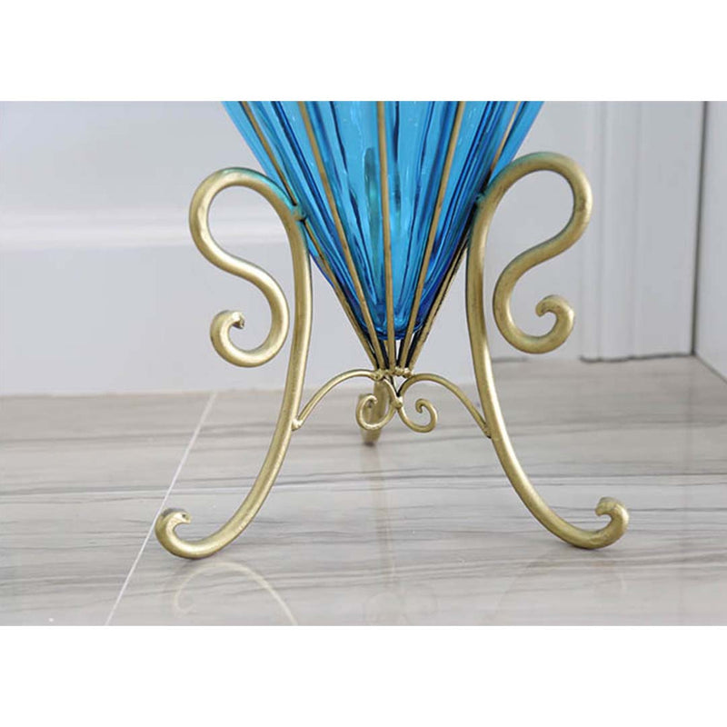 67cm Blue Glass Tall Floor Vase Gold Metal Accents 12pcs White Silk Flowers
