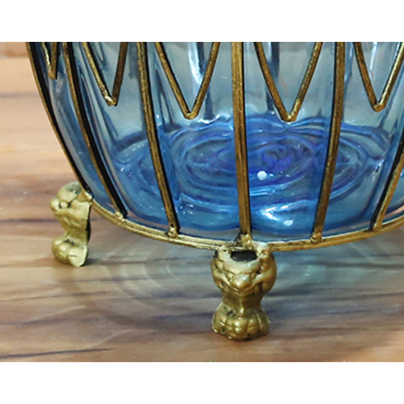 Tall Blue Glass Floor Vase 51cm Gold Metal Accent 12pcs Artificial Flowers