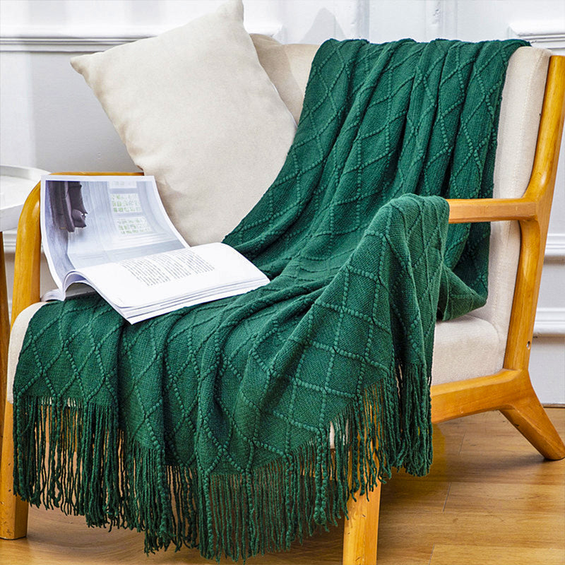 Green Knitted Throw Blanket 130x230cm Diamond Pattern Acrylic With Tassels