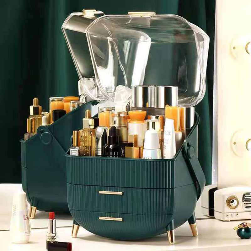 2X Countertop Makeup Organizer Abs Plastic 29cm Green With Lid Drawers Handle