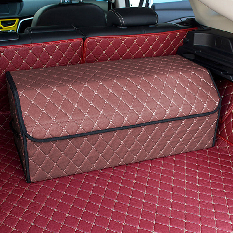 2X Leather Car Boot Organizer Foldable 55x30x30cm Coffee Gold Stitch Large