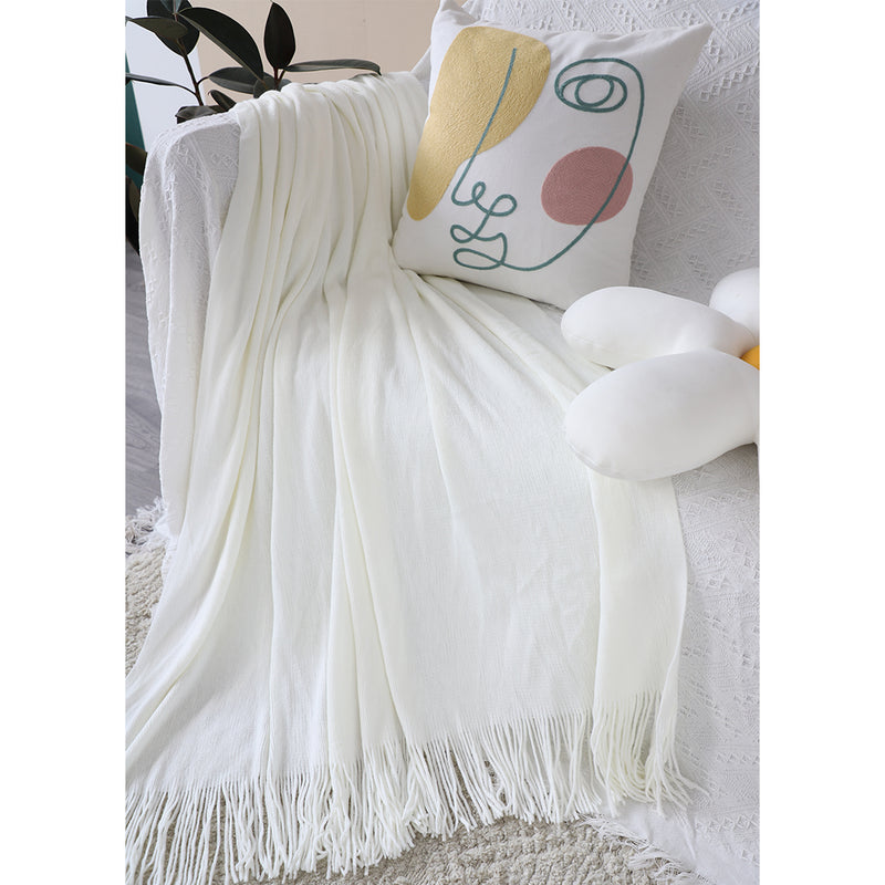 White Acrylic Throw Blanket 130x220cm Fringed Cozy Knitted Cover Home Decor