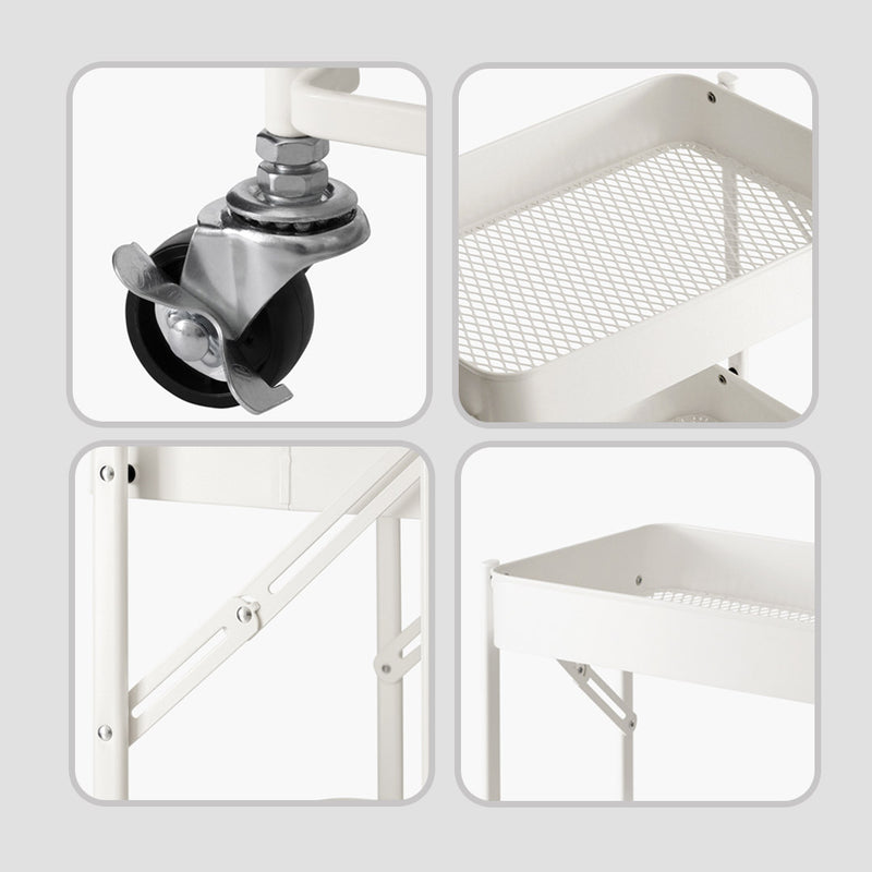3 Tier Carbon Steel Foldable Kitchen Cart White Locking Wheels 10Kg Per Shelf