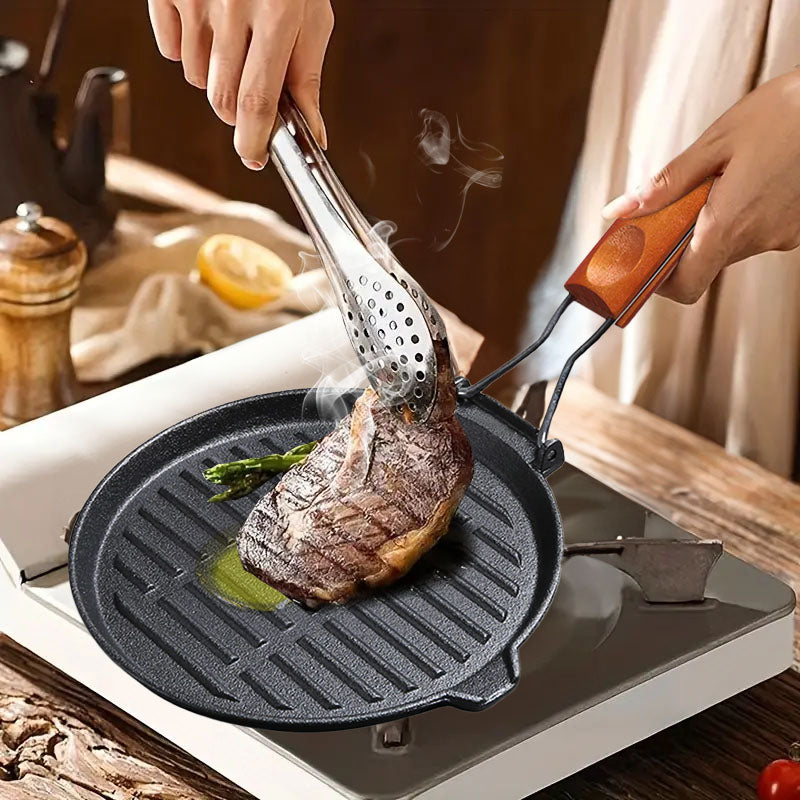 24cm Round Ribbed Cast Iron Non Stick Grill Pan Folding Wooden Handle Black