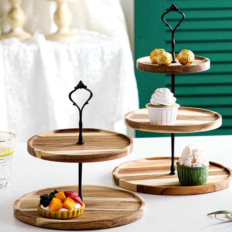 2 Tier Round Dessert Tray Acacia Wood 20cm Brown Serving Stand