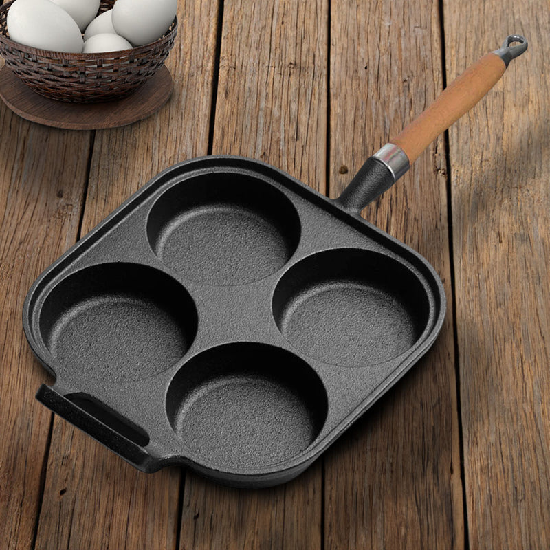 Cast Iron 4 Mold Pancake Fry Pan Nonstick with Wood Handle for Induction