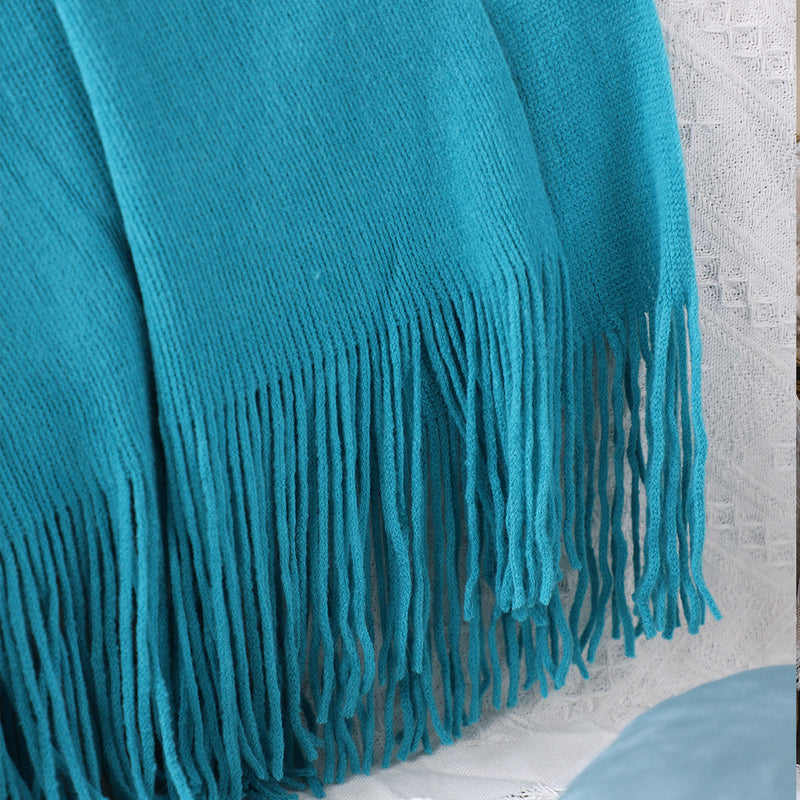 2X Blue Acrylic Knitted Throw Blanket Solid Fringed Warm Cozy Couch Sofa Decor