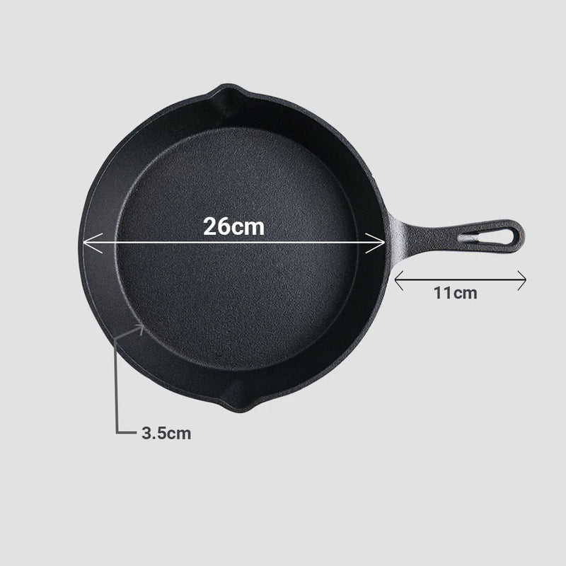 26cm Round Cast Iron Skillet Pan Sizzle Platter Non-stick With Handle
