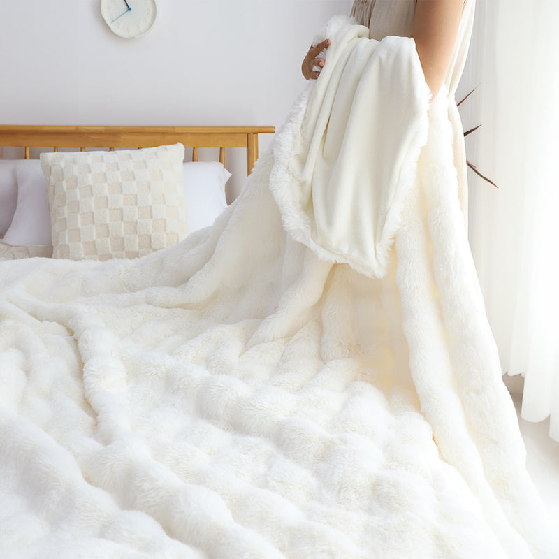 160X200cm White Rabbit Fur Throw Blanket Double Layer Cozy Home Decor