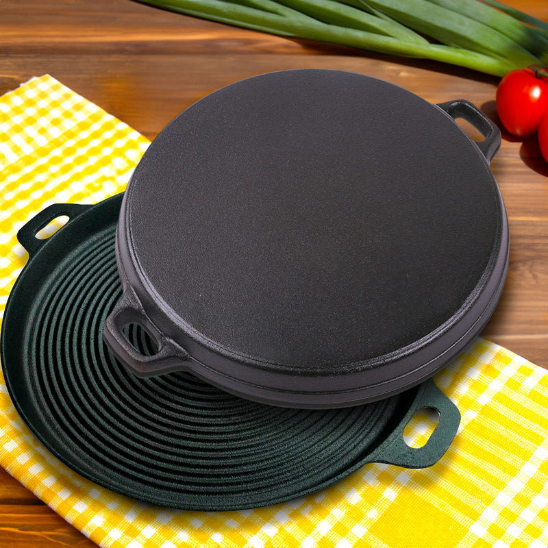 2X 35cm Round Ribbed Cast Iron Skillet Preseasoned With Handle Induction Ready