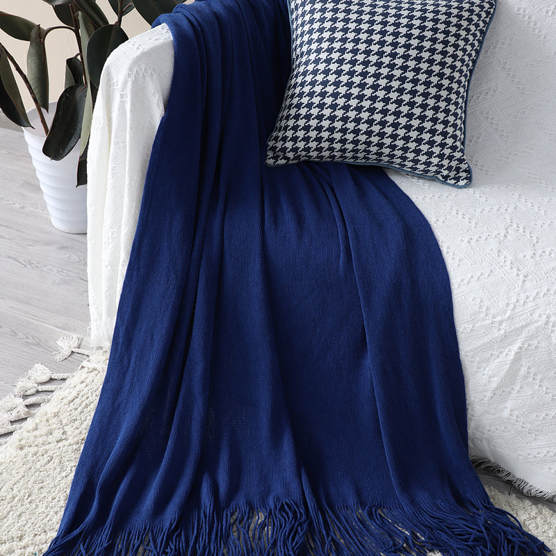 Acrylic Knitted Throw Blanket Royal Blue 130cmx220cm Fringed Cozy Home Decor