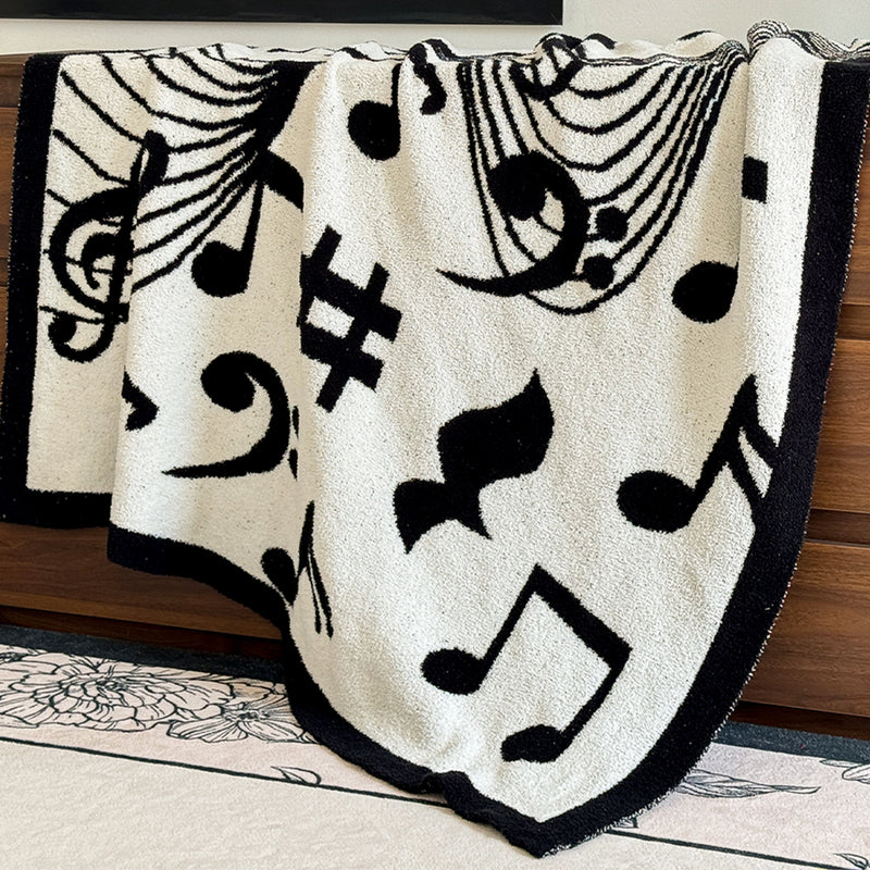 2X 130x160cm Polyester Half Fleece Throw Blanket Black And White Musical Note