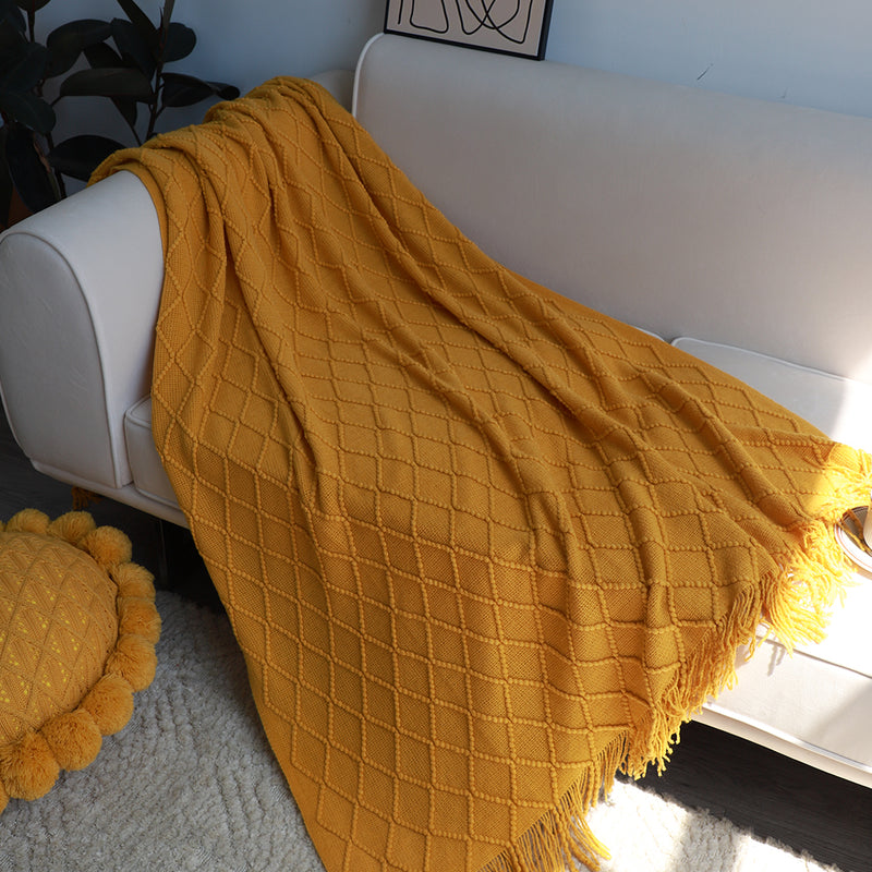 2X Knitted Throw Blanket 100% Acrylic 130cmx230cm Diamond Pattern Yellow Tassels