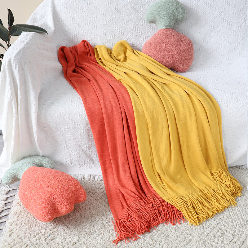 Orange Acrylic Knitted Throw Blanket Solid Fringed 130x220cm Warm Cozy Decor