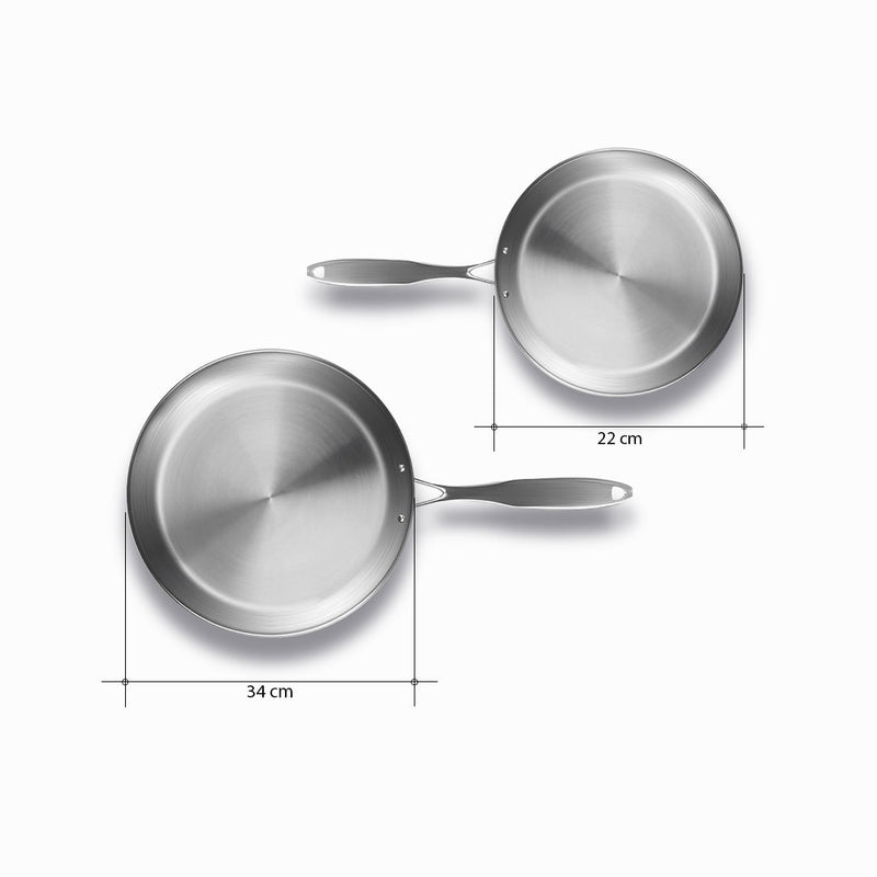 Set Of 2 Stainless Steel Fry Pans 22cm 34cm Induction Compatible Riveted Handles