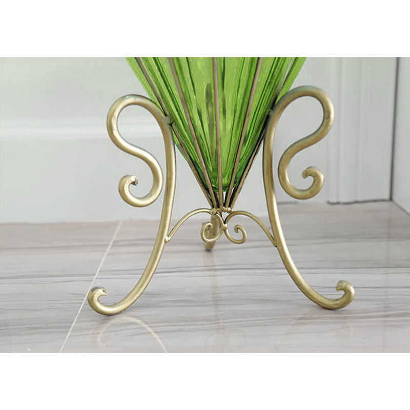 67cm Green Glass Floor Vase Gold Metal Accent With 10pcs White Silk Flowers