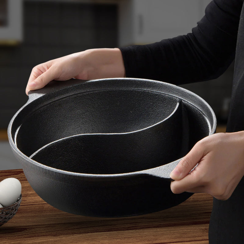 2X Round Cast Iron Shabu Shabu Hotpot 32CM Non-Stick Black Wok Dual Flavor