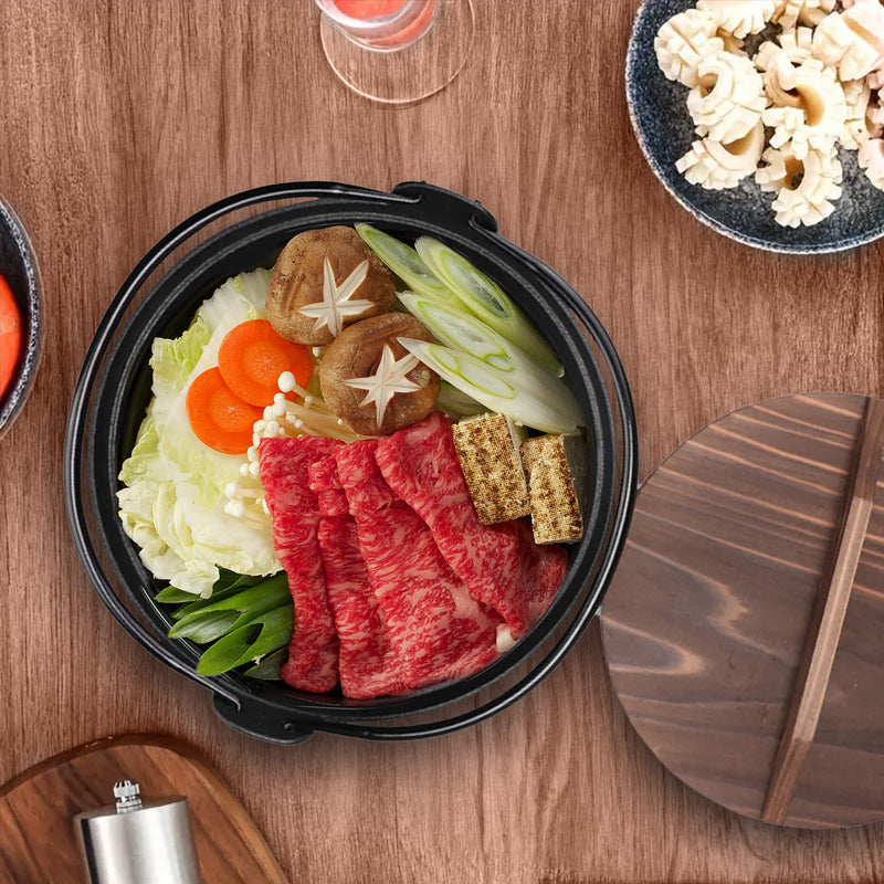 Sukiyaki Nabe 29cm Cast Iron Hot Pot Wooden Lid Stovetop 1 To 2 Person Nonstick