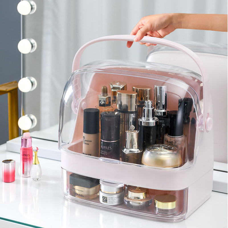 2 Tier Pink Countertop Makeup Organizer Plastic Abs Clear Lid 29x21.5x32cm