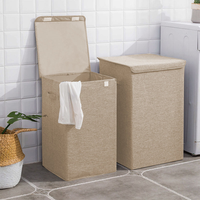 2X Beige Large Foldable Canvas Laundry Hamper Basket With Lid And Handle