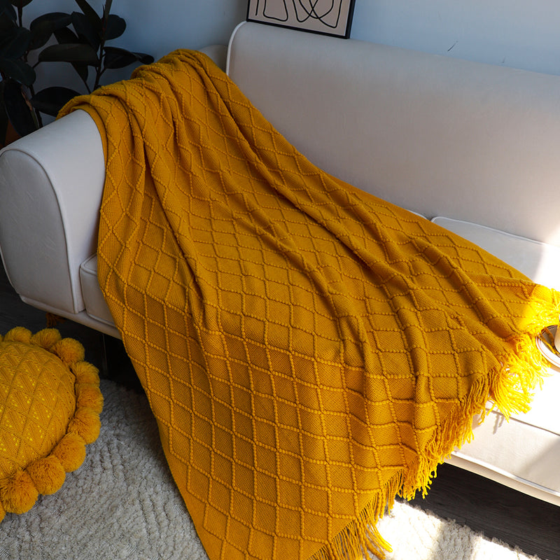 Knitted Acrylic Throw Blanket 130cmx230cm Diamond Jacquard Tassels Yellow