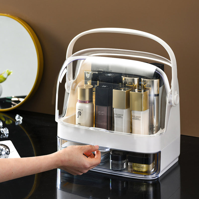 2 Tier White Plastic Makeup Skincare Organizer Box with Handle