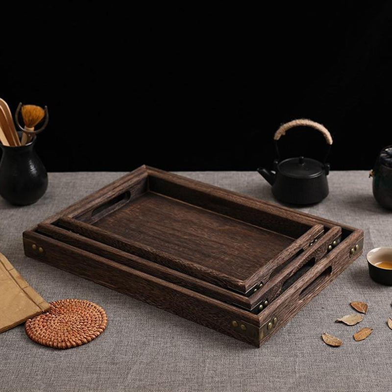 Small Walnut Brown Wood Rectangle Serving Tray Cutout Handles 32cm X 20cm X 4cm