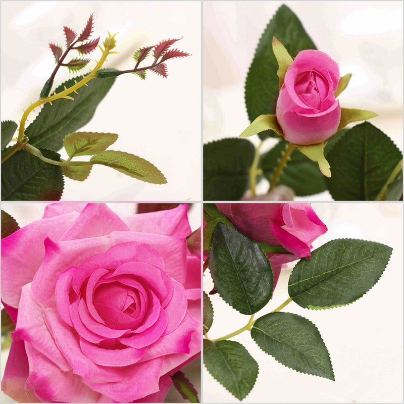 12pcs Artificial Silk Rose Bouquet 85cm Real Touch Dark Pink Table Decor