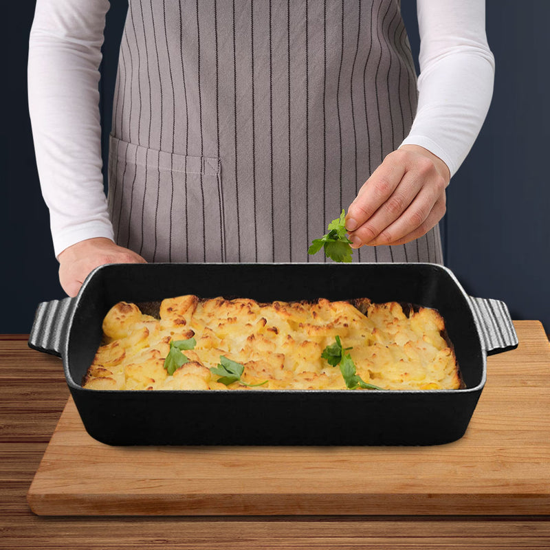 2X Cast Iron Baking Dish 33cm Rectangle Non-Stick Easy Clean Black Handles