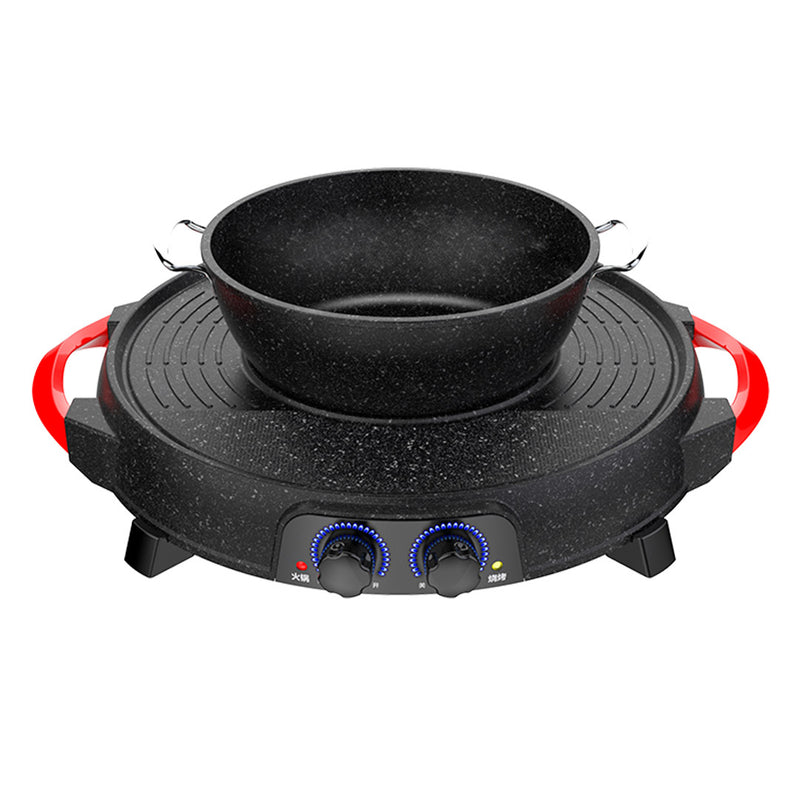 Electric 2 in 1 Stone Coated Non Stick Teppanyaki Grill Steamboat Hot Pot Black