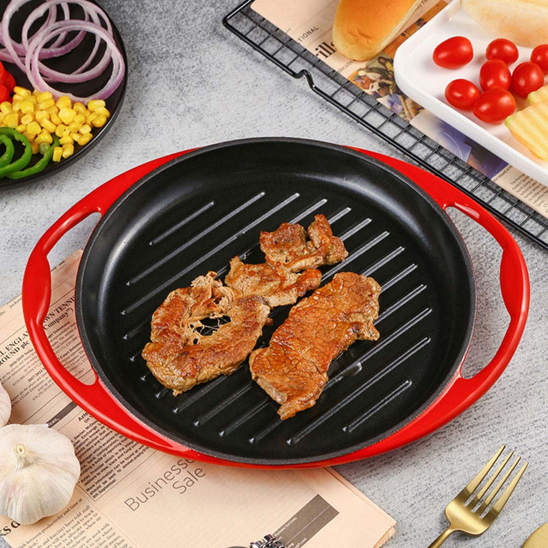 2X Enameled Cast Iron Grill Pan 26cm Red Nonstick Skillet Griddle