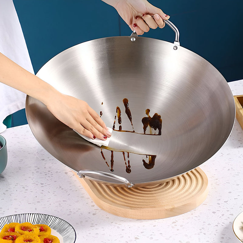 43cm Stainless Steel Wok 2 Sturdy Handles Wood Grip Commercial