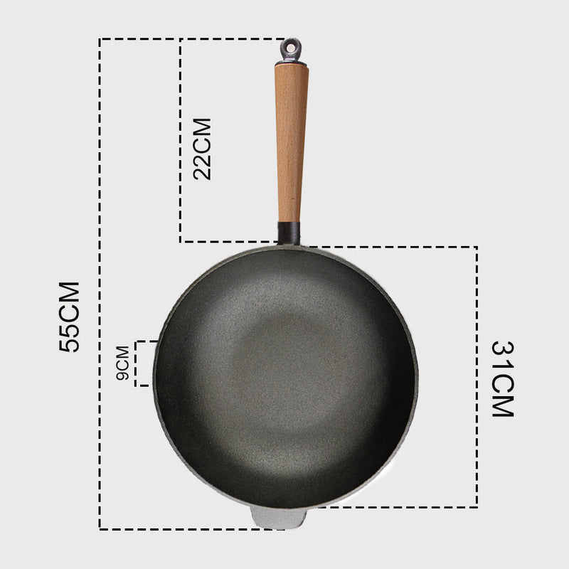 31cm Cast Iron Round Bottom Wok Skillet Preseasoned Wood Handle Black