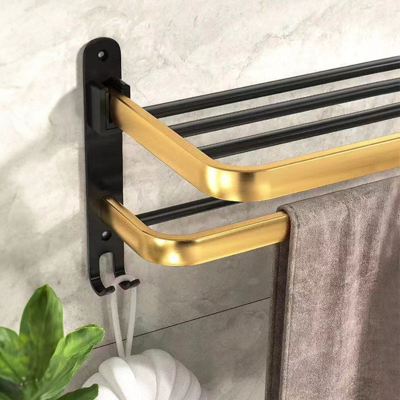 2X 62cm Wall Mounted Double Pole Aluminum Towel Rack Black Gold With Hooks